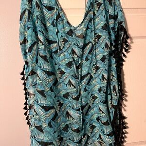 Miken Swim Blue Boho Hippie Tropical Feather Sheer Kaftan Swim Dress Coverup